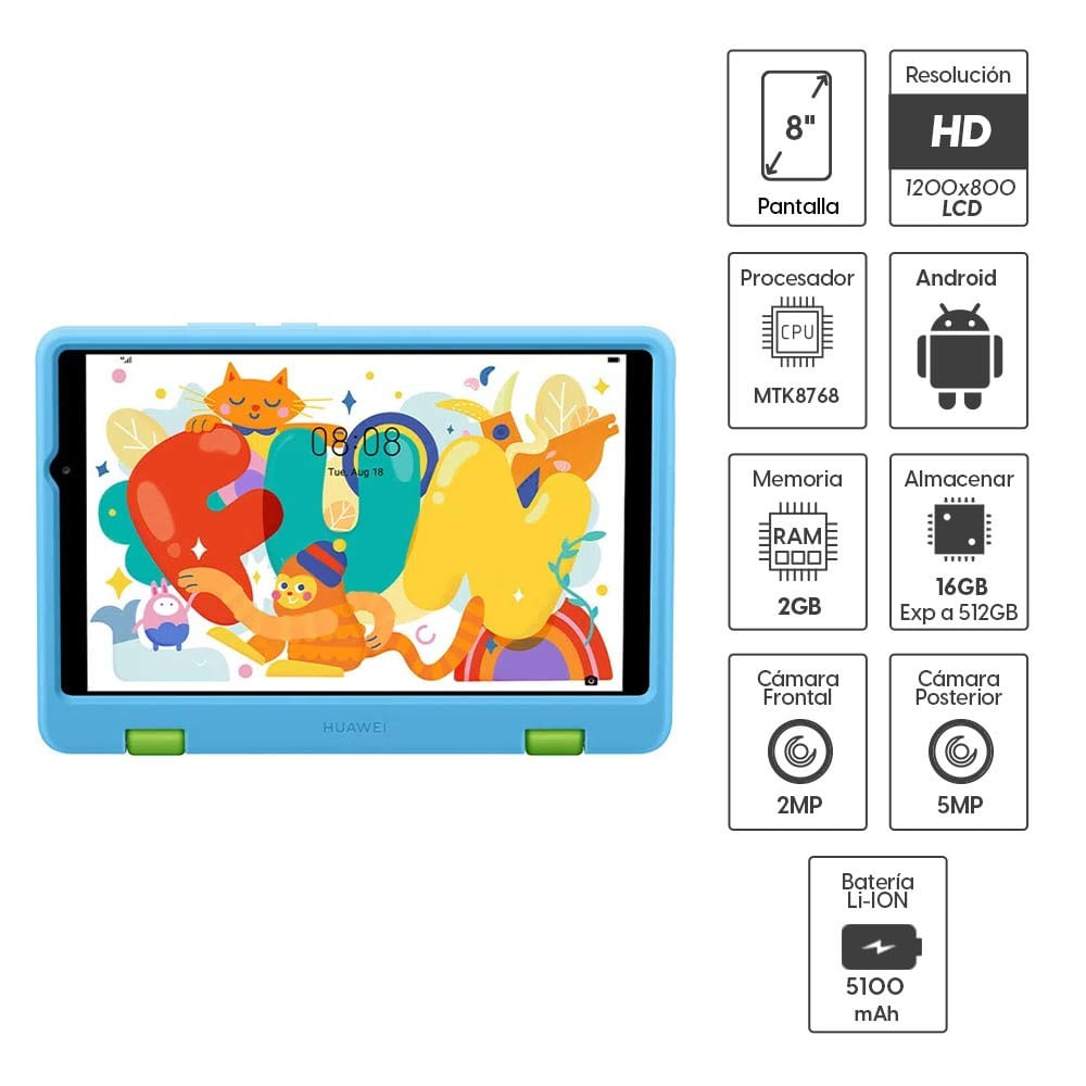 Imagen 2 del producto Reacondicionado: Tablet Huawei MatePad T8 Kids, 8""  16GB,  2GB RAM, cámara principal 5MP, frontal 2MP, MTK8768, 5100 mAh, EMUI 10.1, azul
