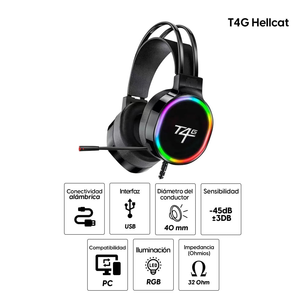 Imagen 2 del producto Audífonos gamer Coolbox T4G Hellcat 7.1 conexión USB, RGB, negro