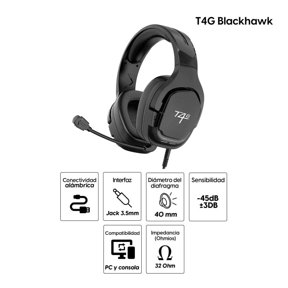 Imagen 2 del producto Audífonos gamer Coolbox T4G Blackhawk con micrófono, conexión 3.5mm, 32 ohms, PC y consolas, negro