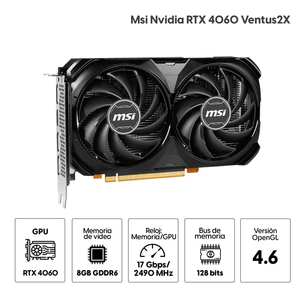 Imagen 2 del producto Tarjeta de vídeo Msi Nvidia RTX 4060 Ventus 2X 8GB GDDR6, 128 bits