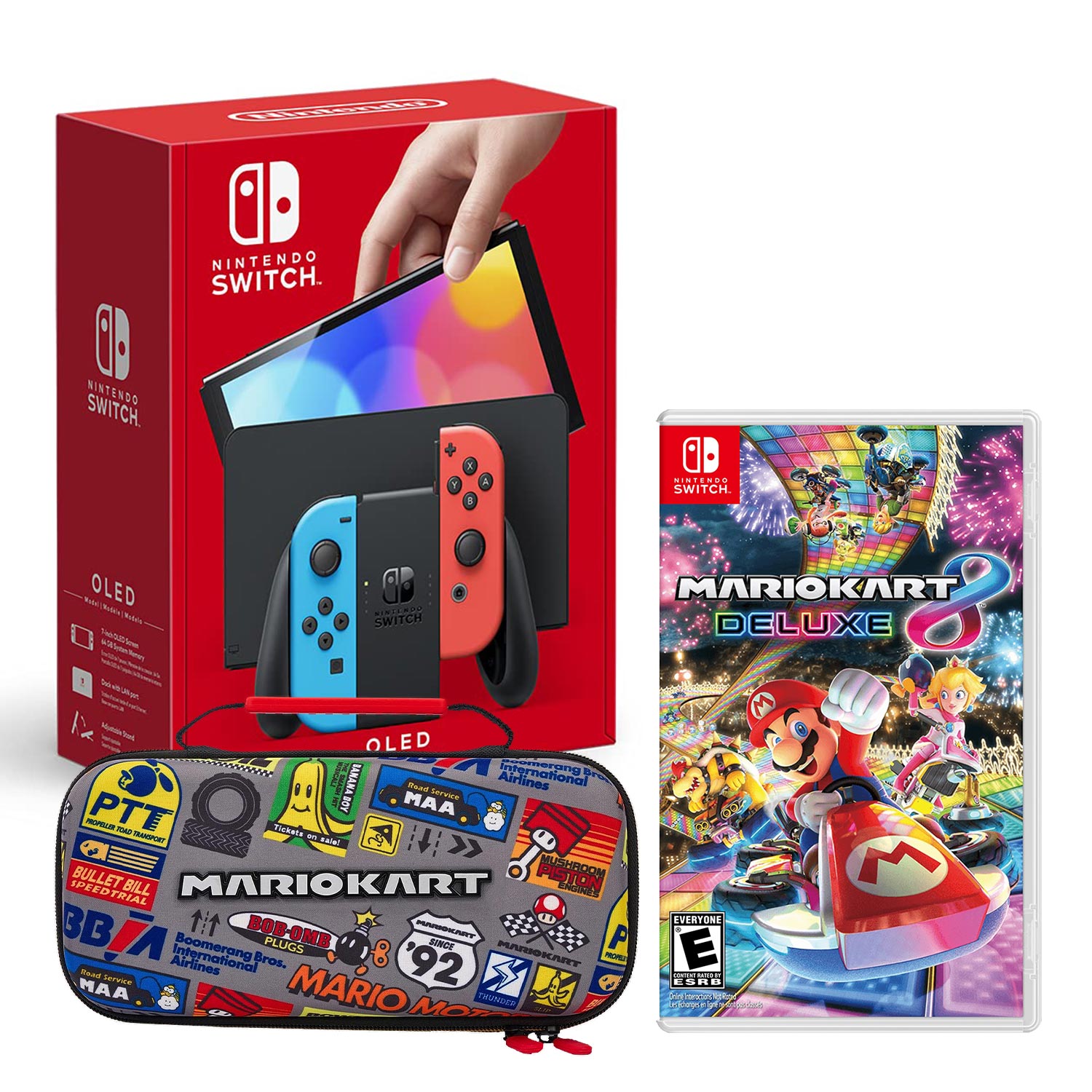 Consola Nintendo Switch Oled 64GB, rojo/azul neón + Mario Kart 8 + Estuche Mario Kart
