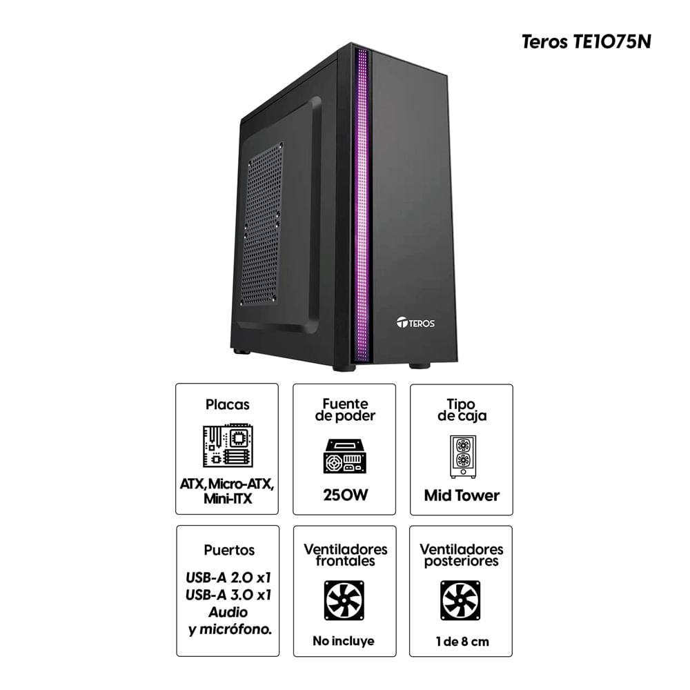 Imagen 2 del producto Gabinete Teros TE1075N Mid Tower, ATX/Micro-ATX/Mini-ITX, USB3.0/2.0, con fuente 250W