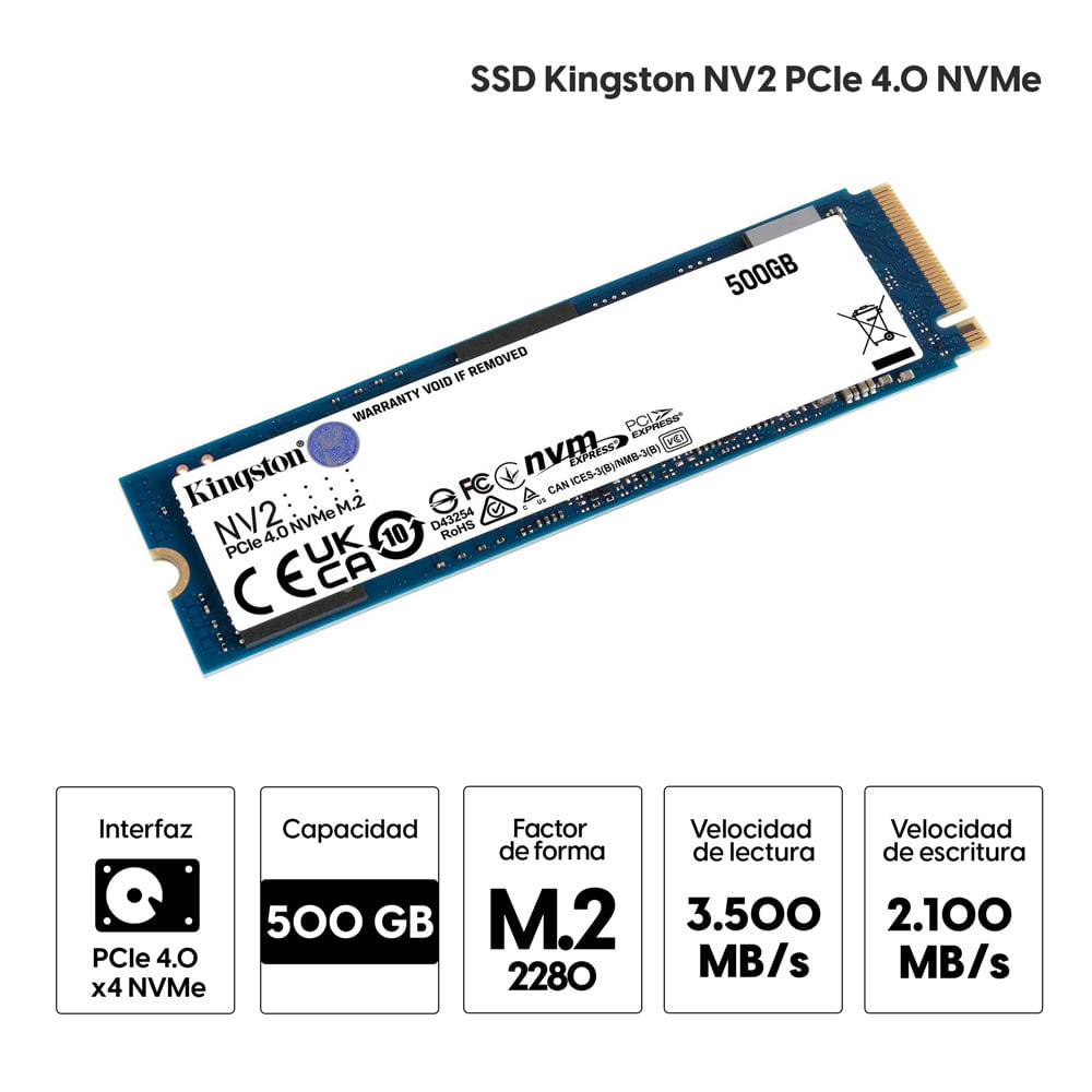 Imagen 2 del producto Unidad de estado sólido SSD Kingston NV2 500GB de capacidad, M.2, NVMe, PCIe 4.0