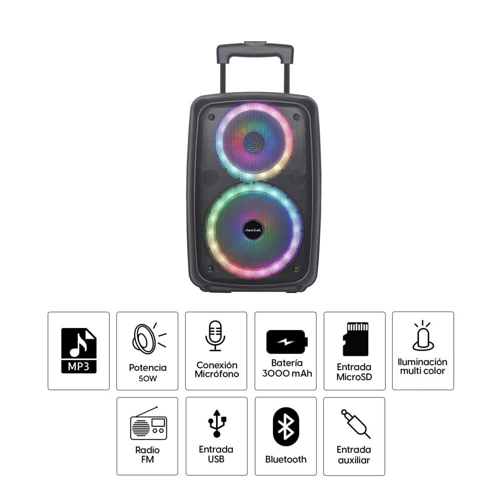 Imagen 2 del producto Parlante torre Bluetooth Decibel, 50W, Altavoces de 6.5” y 8”, Luces Led, Puerto USB, FM, control remoto (reempacado)