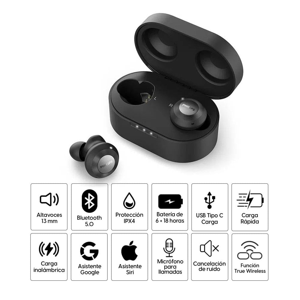 Imagen 2 del producto Audífonos bluetooth True Wireless PhilipsTAT8505 cancelación de ruido resistente IPX4 duración máx 24 horas con estuche de carga carga Qi (reempacado)