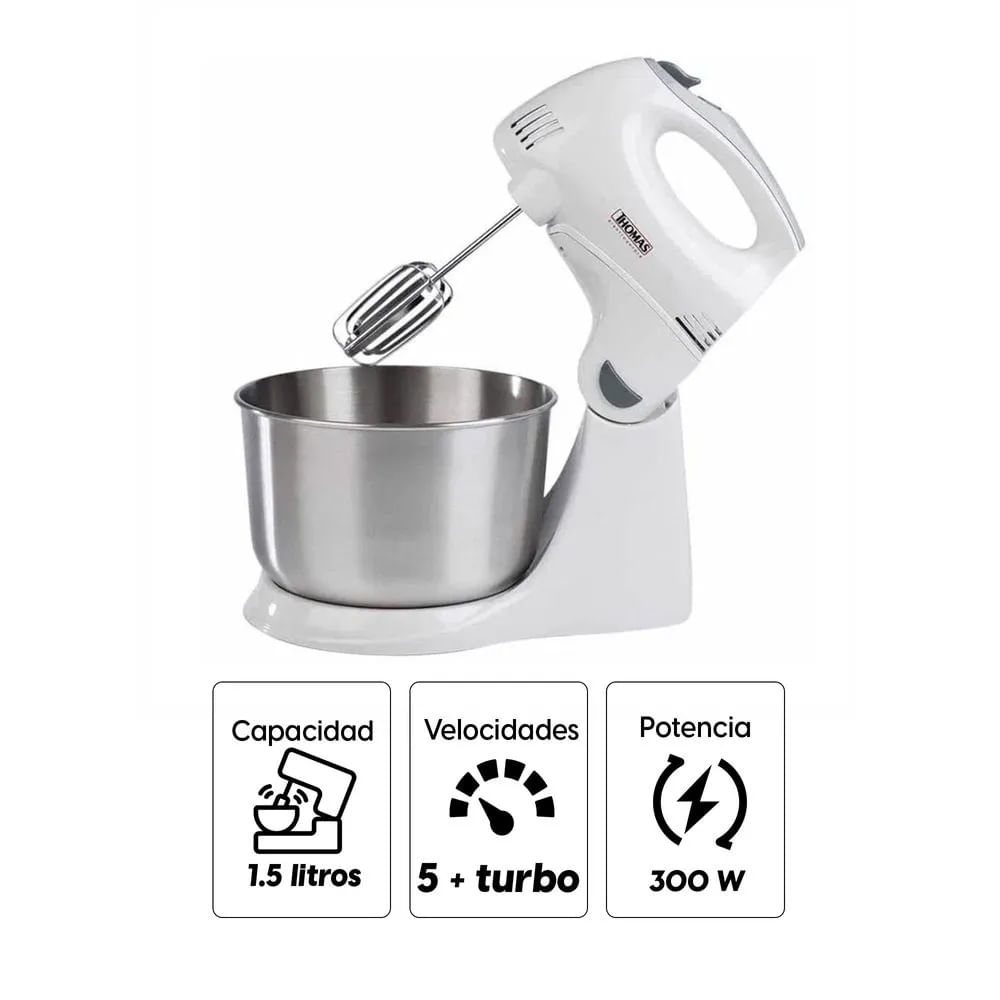 Imagen 2 del producto Reacondicionado: Batidora Thomas TH-350P 300w, 5 velocidades + turbo, bowl de acero, blanco