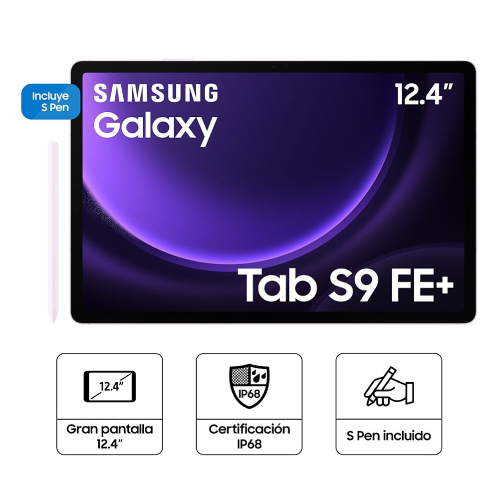 Imagen 2 del producto Tablet Samsung S9 FE Plus 12.4"" 128GB, 6GB RAM, cámara principal 8MP y frontal 8MP, Lila + Lapiz + Funda + Galaxy Buds FE