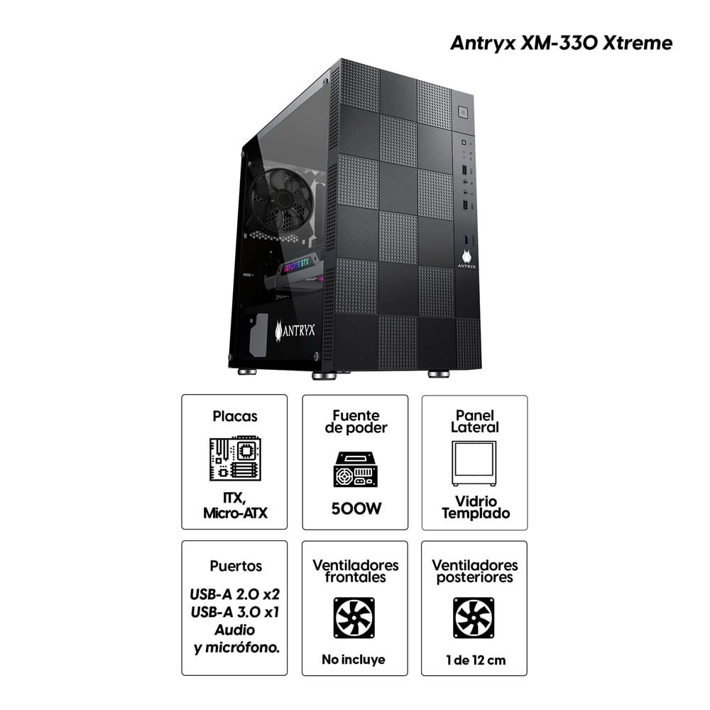 Imagen 2 del producto Gabinete Antryx XM-330 Xtreme, ITX/Micro ATX, Panel lateral vidrio templado, con fuente 500W