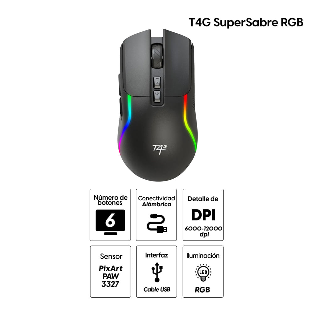 Imagen 2 del producto Mouse gamer Coolbox T4G SuperSabre RGB alámbrico, conexión USB, 7 botones, 12000 dpi, negro