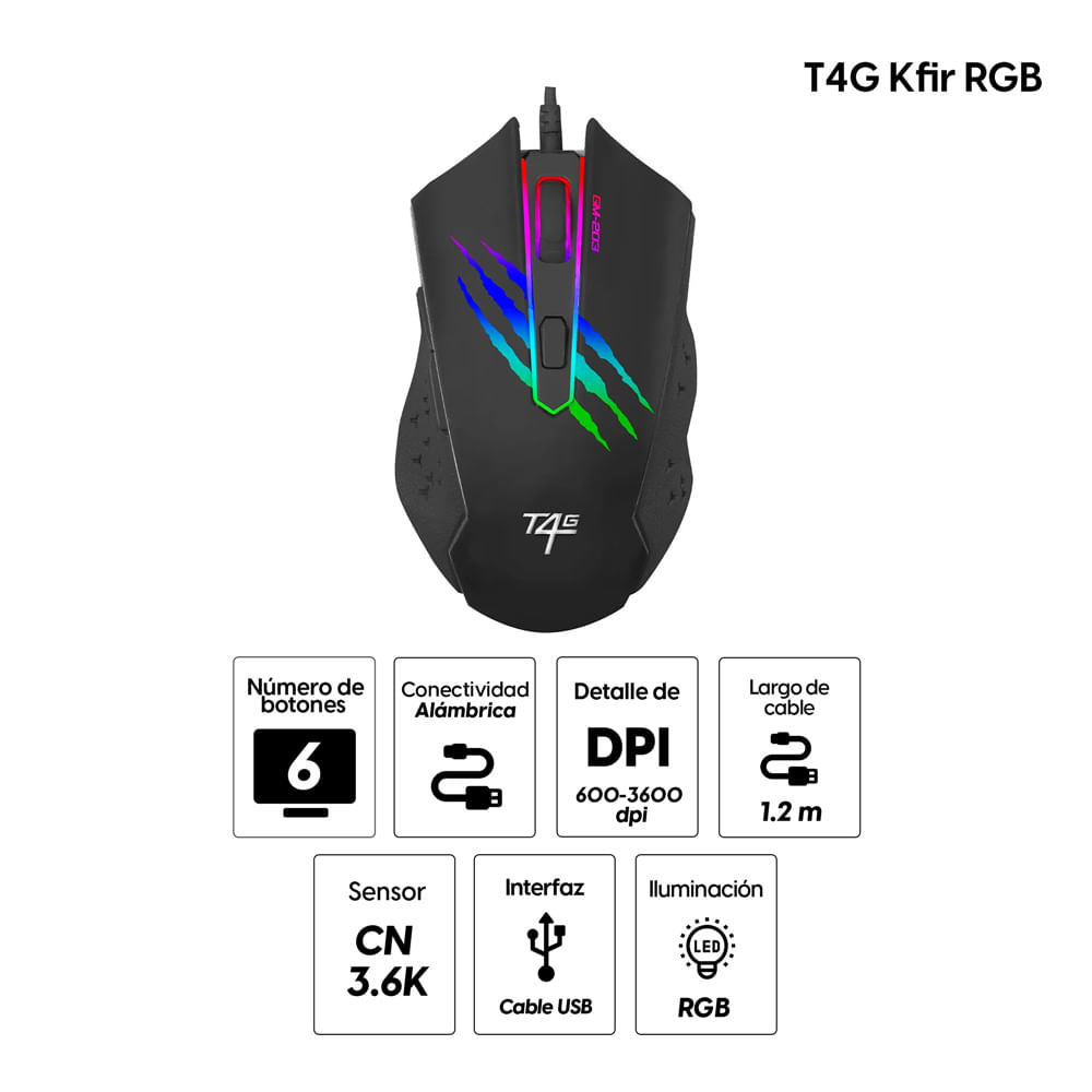 Imagen 2 del producto Mouse gamer Coolbox T4G Kfir RGB alámbrico, conexión USB, 6 botones, 3600 dpi, negro