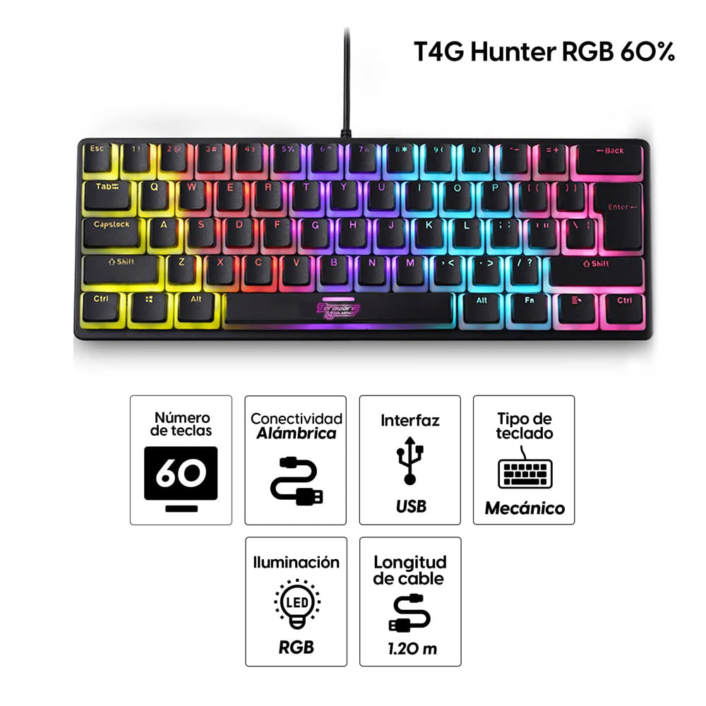Imagen 2 del producto Teclado gamer alámbrico Coolbox T4G Hunter, conexión USB, 60% mecánico, RGB, switch azul, negro