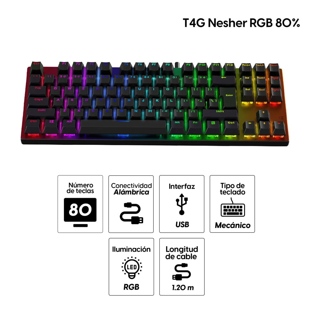 Imagen 2 del producto Teclado gamer alámbrico Coolbox T4G Nesher, conexión USB, 80% mecánico, idioma español, RGB, switch azul, negro