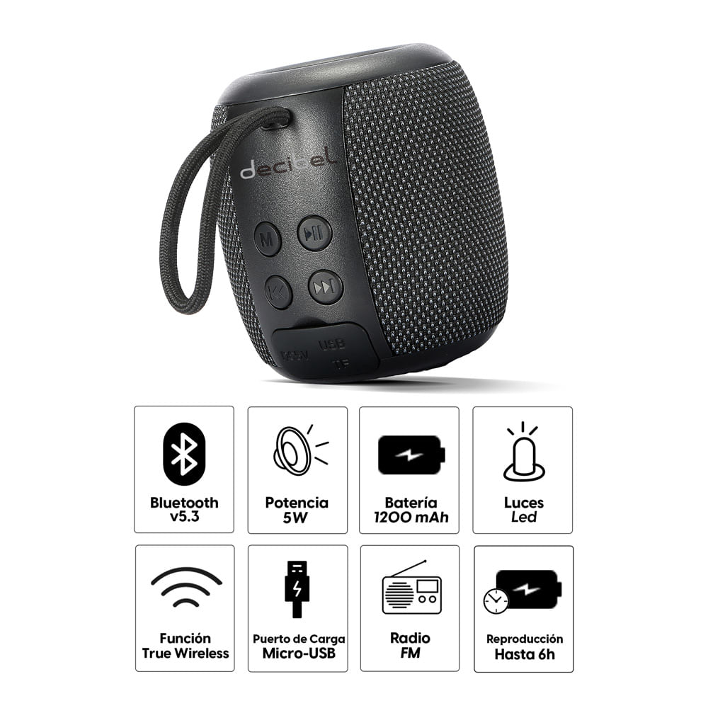 Imagen 2 del producto Parlante bluetooth Decibel Mini 5W, FM/USB, TWS, micro usb, negro