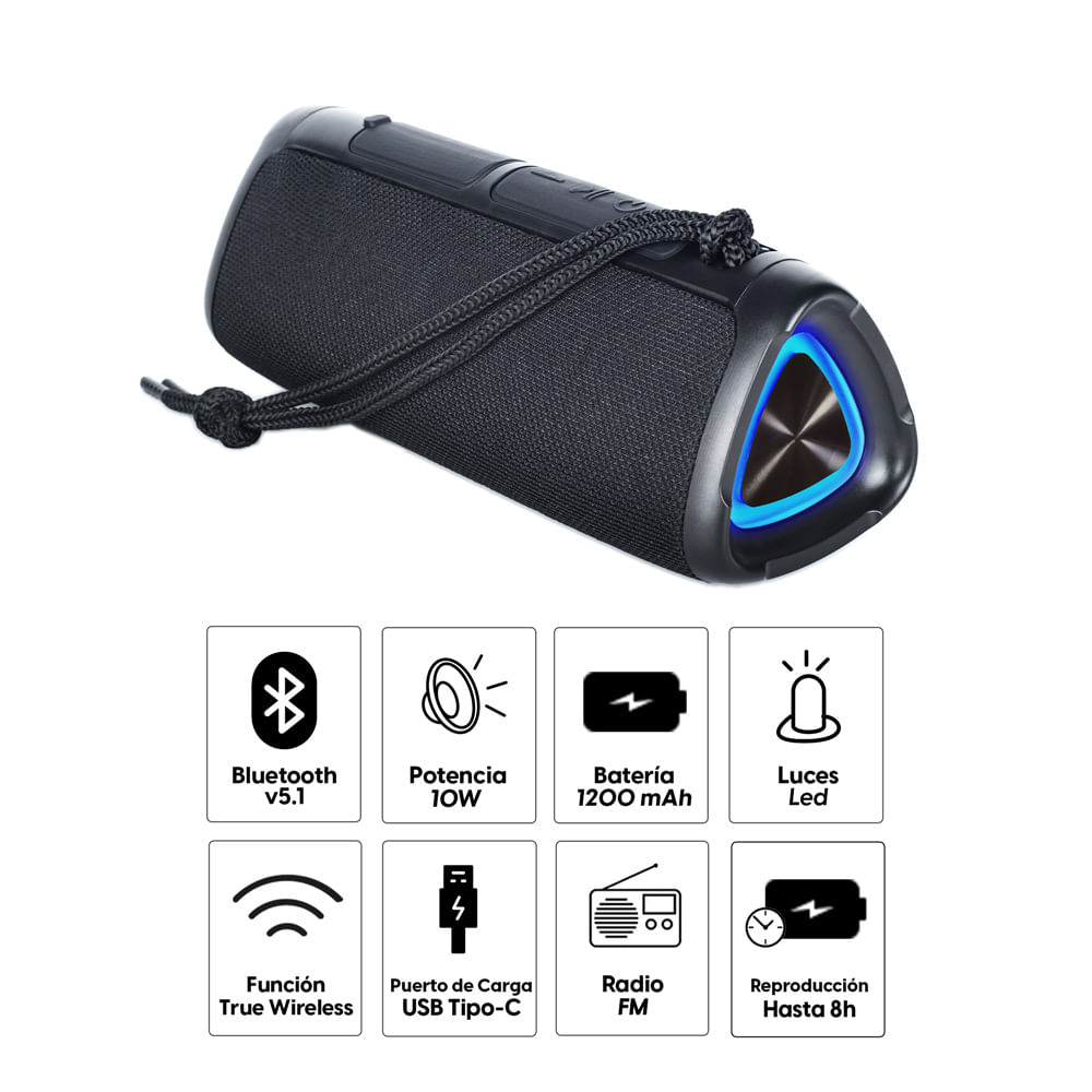 Imagen 2 del producto Parlante Decibel Rocker 10W, FM/USB, LED, Tipo-C, negro