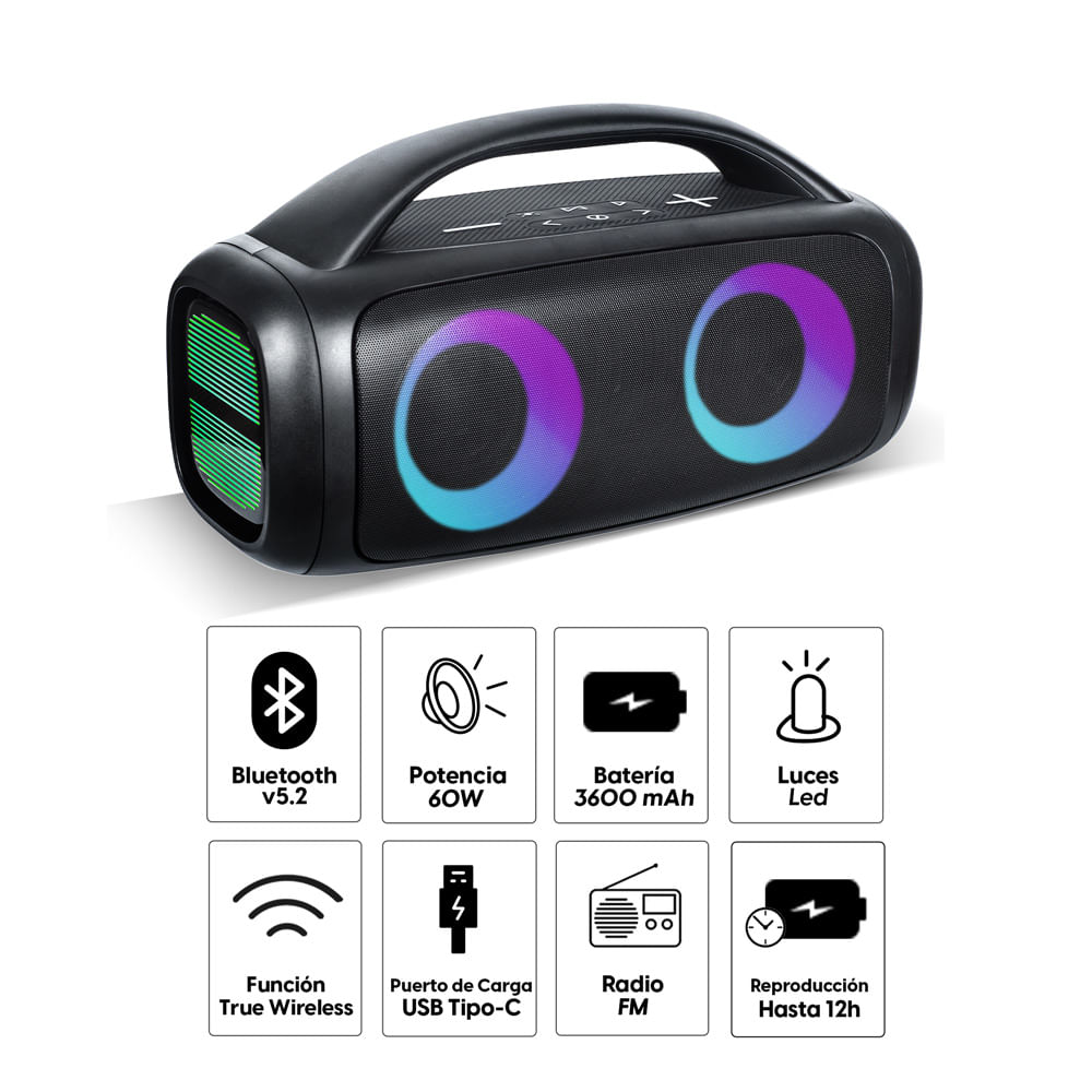 Imagen 2 del producto Parlante bluetooth Decibel Boom 3 60W, FM/USB, TWS, Luz Led, negro