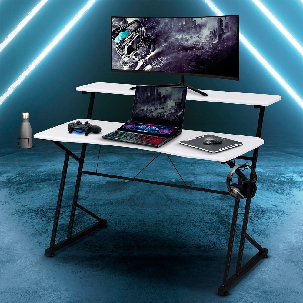 Imagen 2 del producto Mesa gamer Technisport Finn con estante ajustable para monitor, fibra de carbono, 119.5 x 70 cm, blanco
