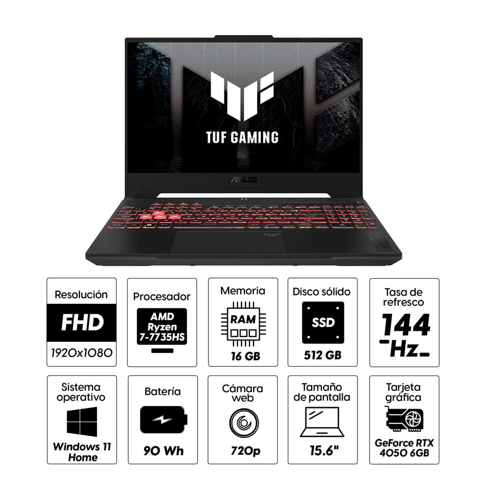 Imagen 2 del producto Laptop gamer Asus TUF Gaming 15.6"" AMD Ryzen 7-7735HS, 512GB, 16GB RAM DDR5, GeForce RTX 4050 DDR5, Win11, gris