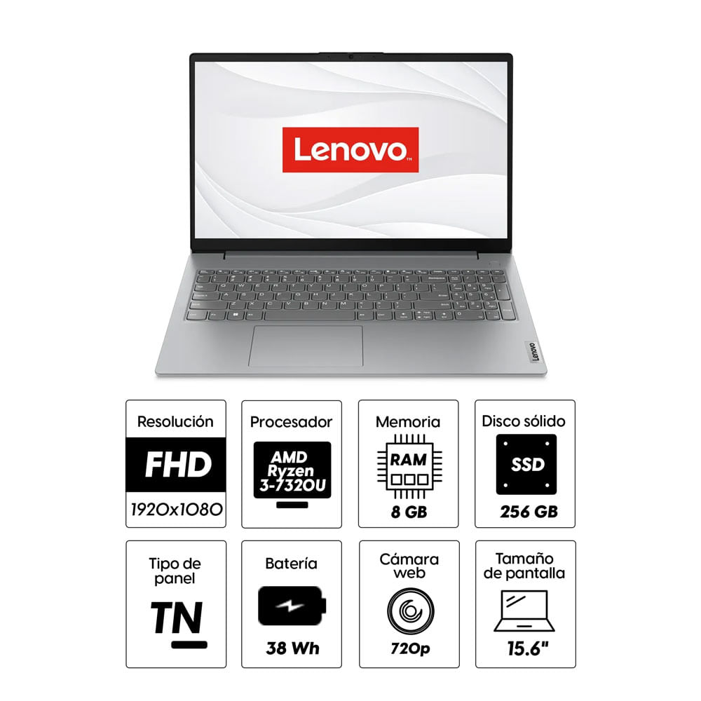 Imagen 2 del producto Laptop, Lenovo V15 G4 15.6"", FHD, Ryzen 3-7320U, 256GB, 8GB RAM, FreeDos - sin sistema operativo, teclado español, gris