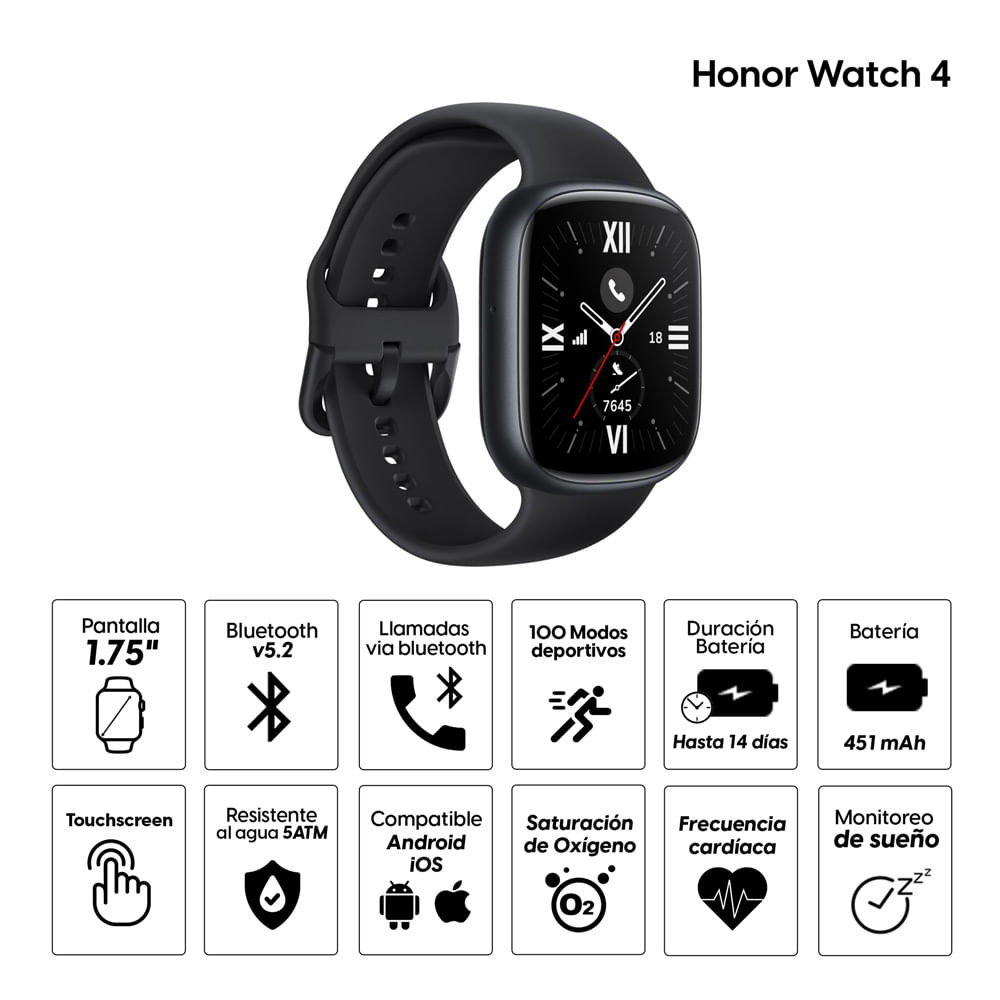Imagen 2 del producto Smartwatch Honor Watch 4 1.75"", 5ATM, 100 modos deportivos, máx. 14 días, negro