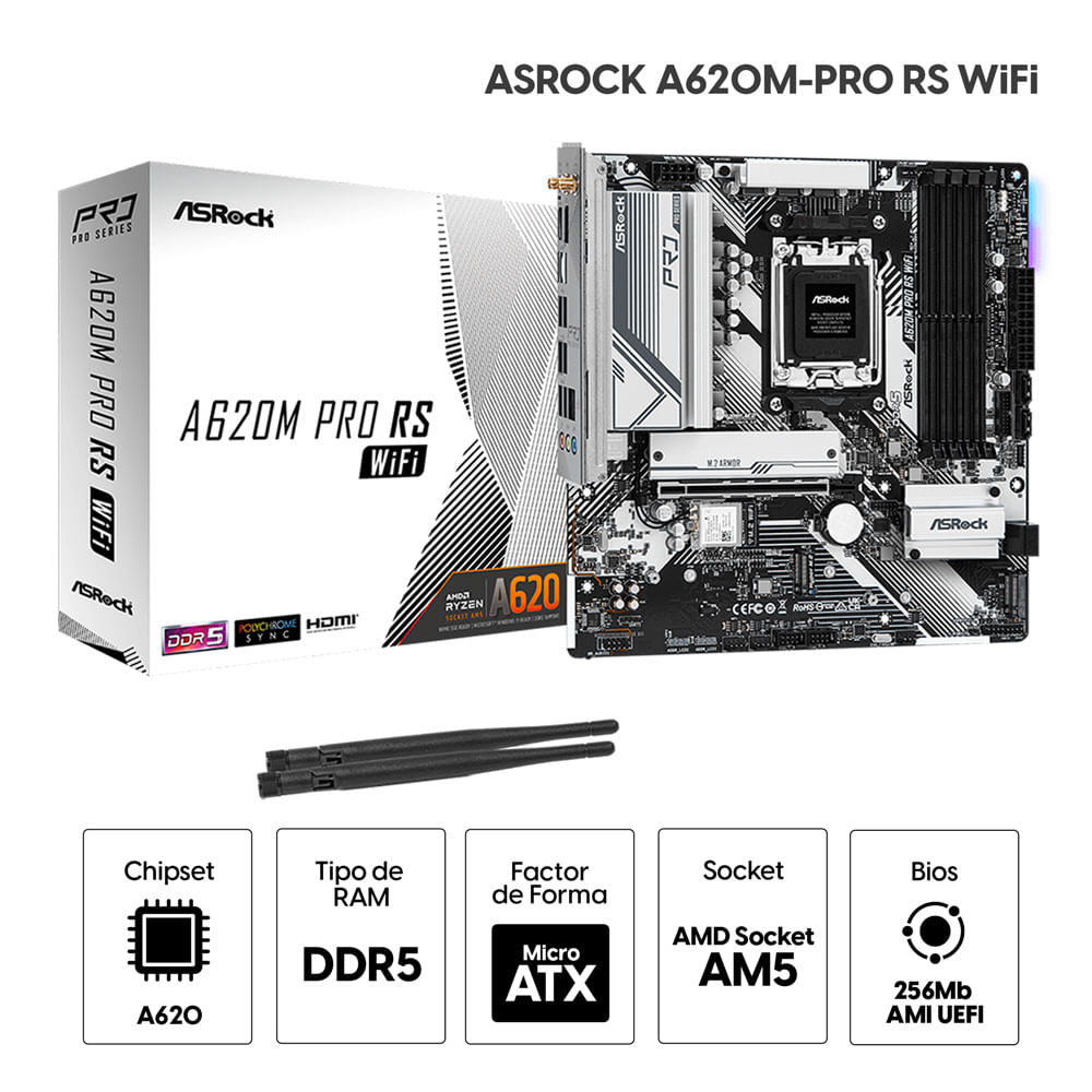 Imagen 2 del producto Placa madre Asrock A620M-PRO RS AM5, DDR5, WIFI, MATX
