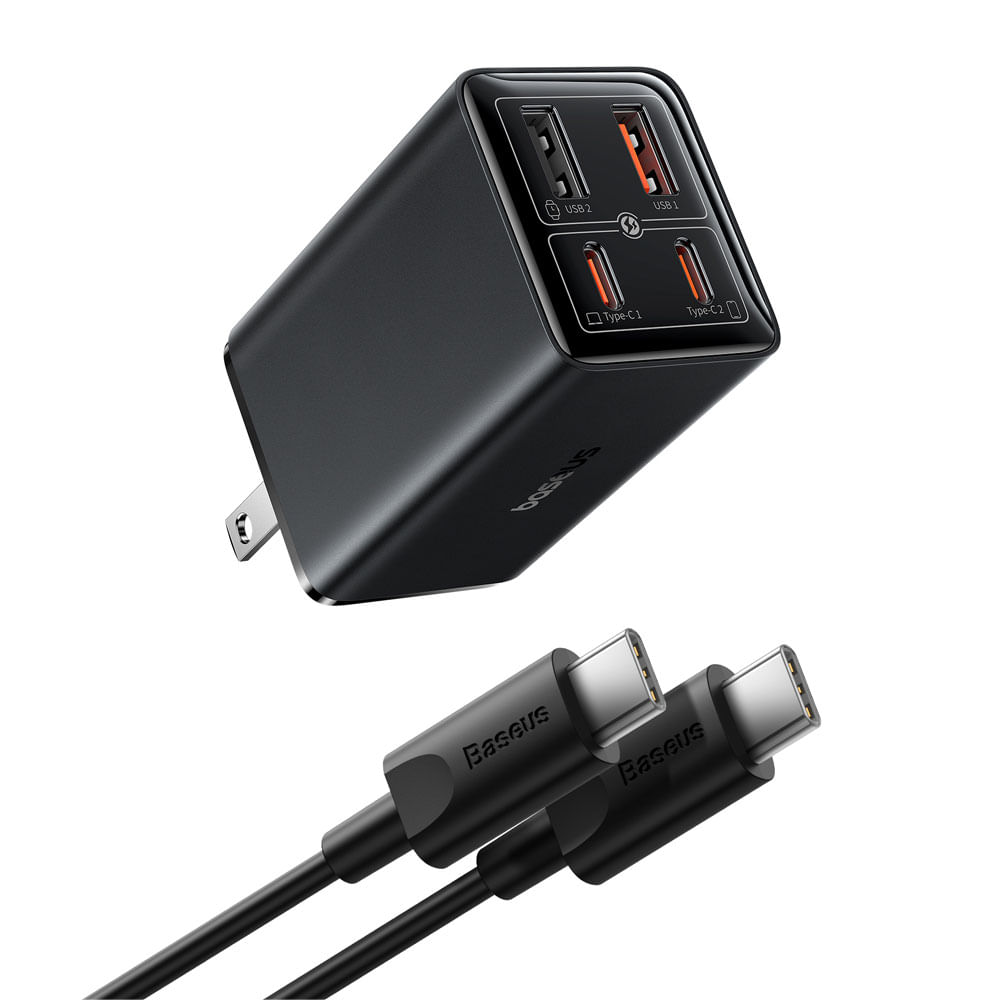 Cargador de pared + cable Baseus GAN 6 Pro 2 puertos tipo c, 2 puertos usb, 65W, cable tipo c a tipo c, 1 m, negro