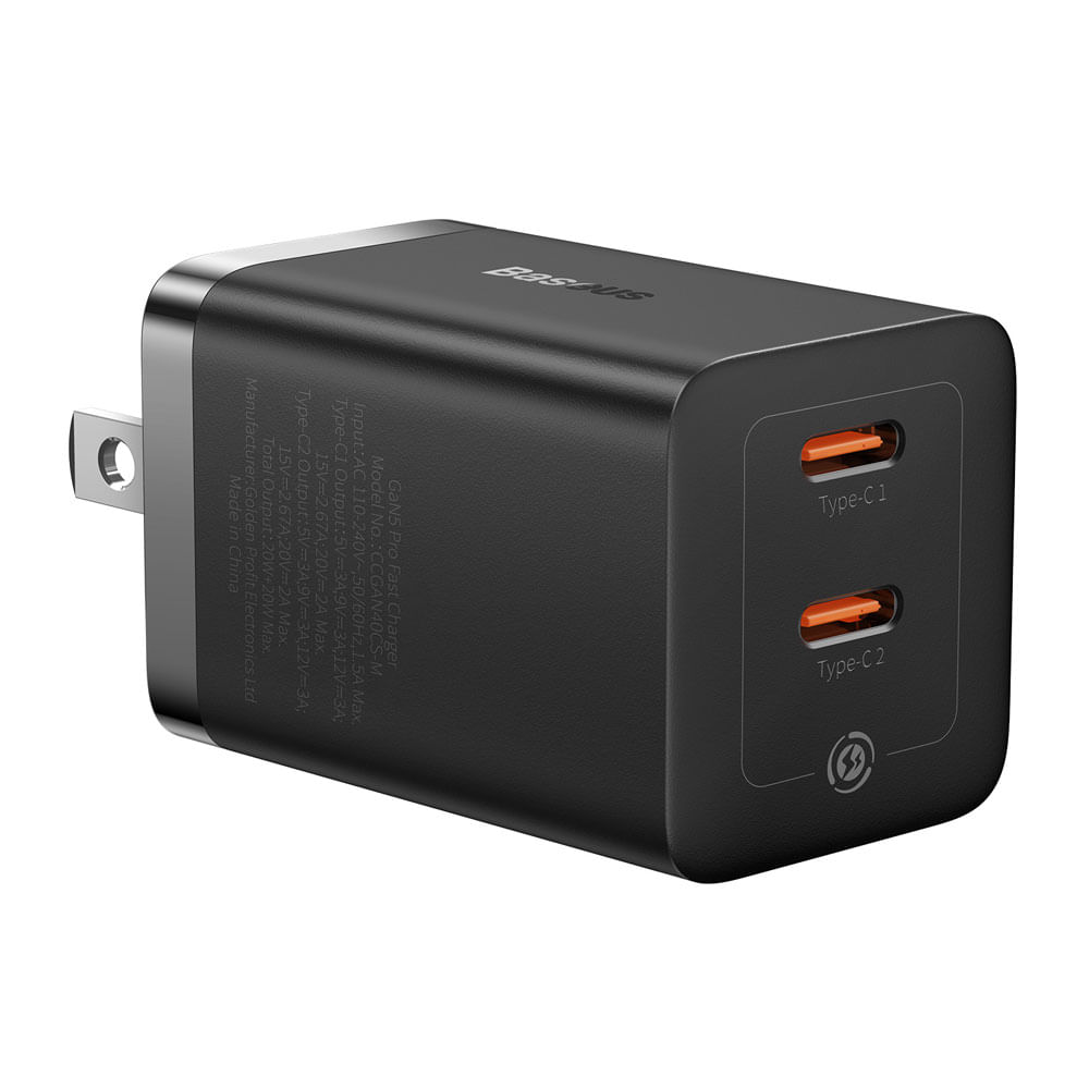 Imagen 1 del producto Cargador de pared Baseus GAN 5 2 puertos tipo C, 40W, carga rápida, negro