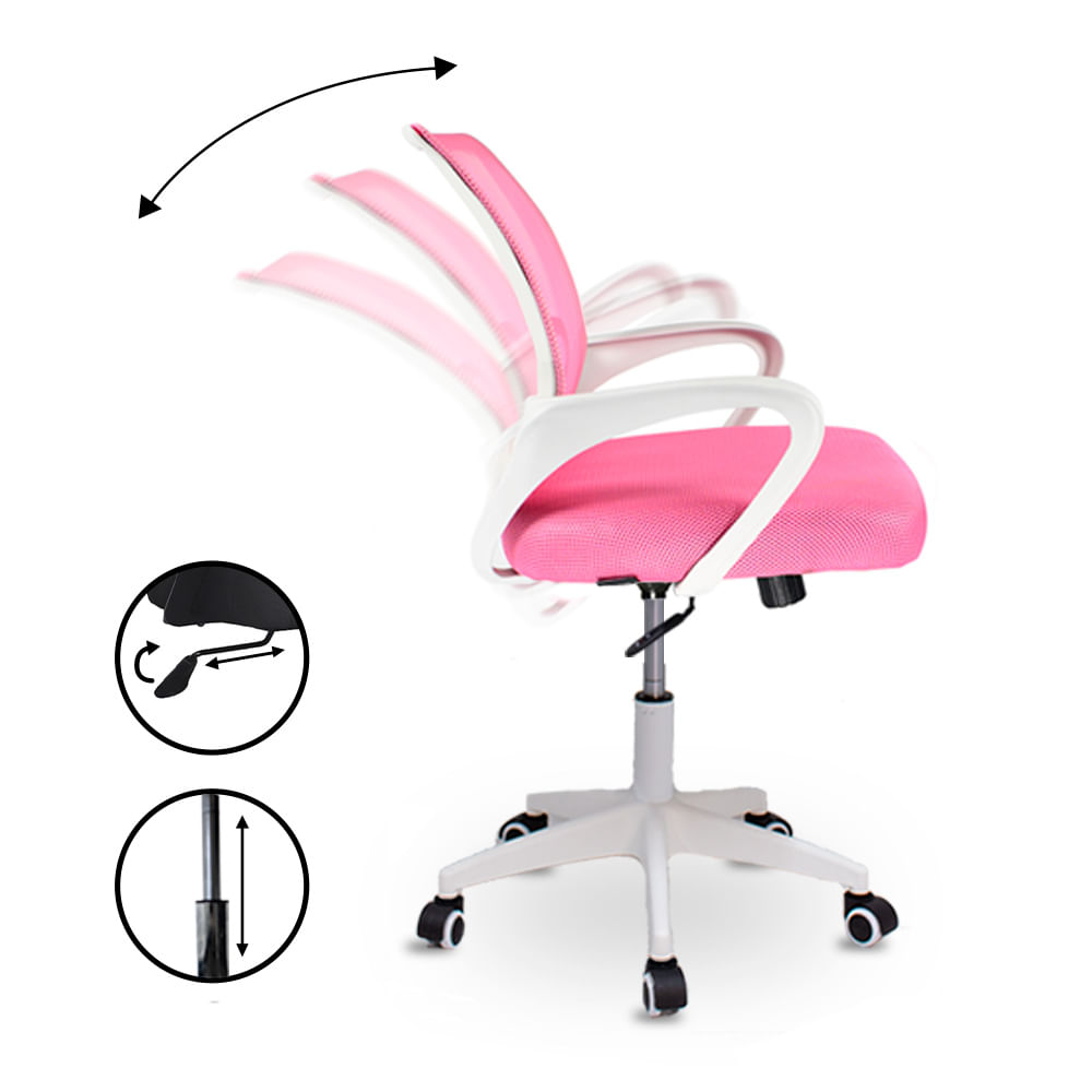 Imagen 2 del producto Silla de Oficina Ava, soporte Lumbar, carga máx. 100kg, 5 ruedas, rosado con blanco