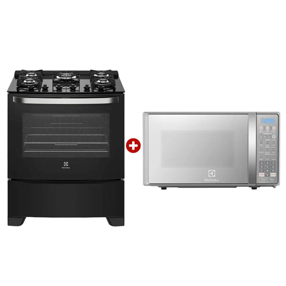 Combo Electrolux: Cocina 76GS, 5 quemadores, vidrio templado 76cm + Microondas EMDO20S2GSRUG, capacidad 20 litros, plateado