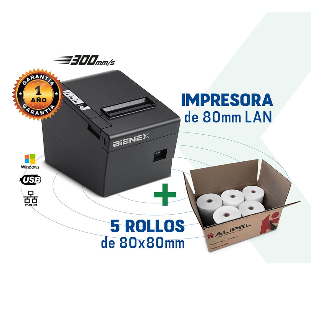 Imagen 2 del producto Impresora ticketera térmica Bienex 80mm, usb/puerto ethernet lan + GRATIS 5 rollos de papel térmico de 80x80mm