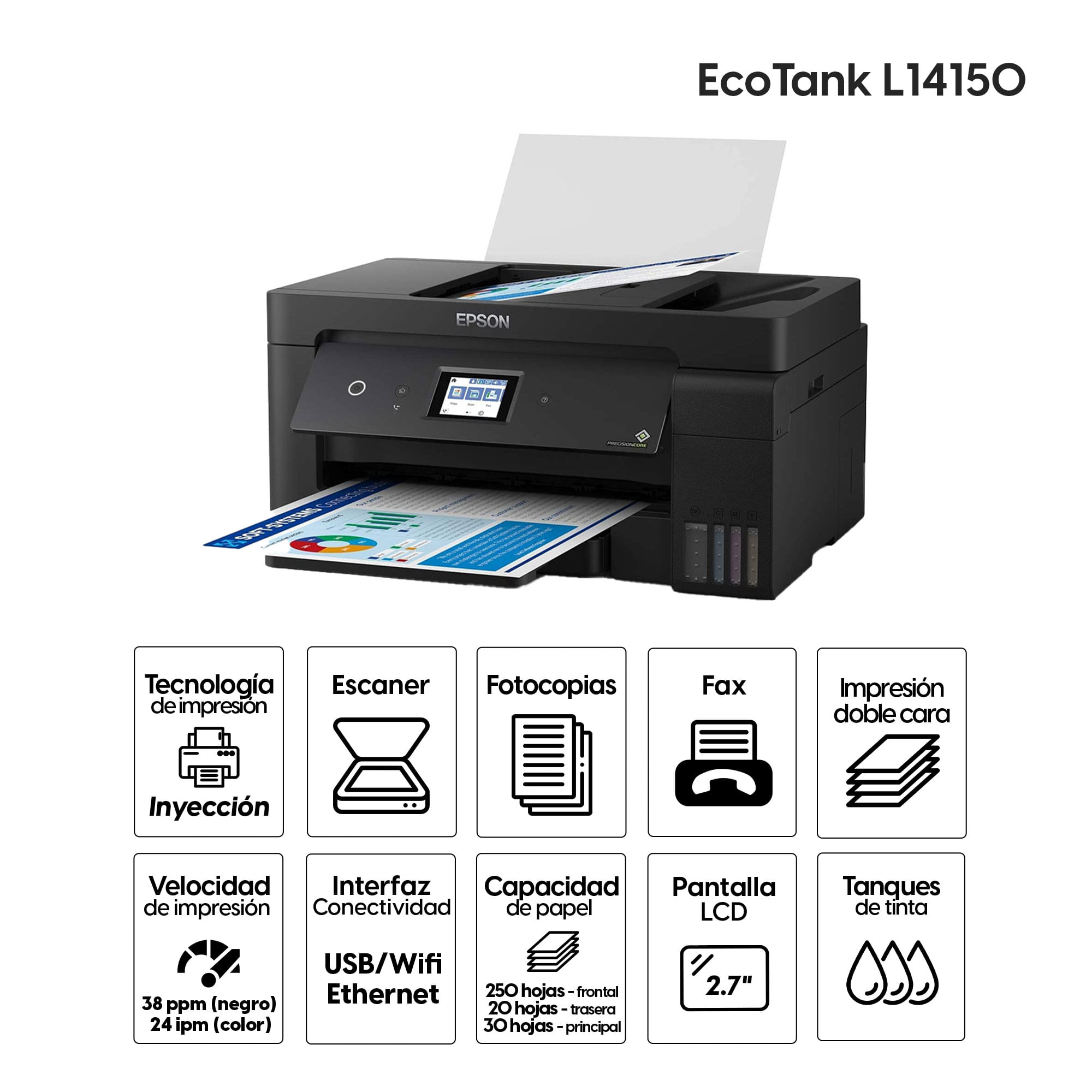 Imagen 2 del producto Impresora multifuncional Epson EcoTank L14150, inyección de tinta, inalámbrica, Wi-Fi, con tanques recargables