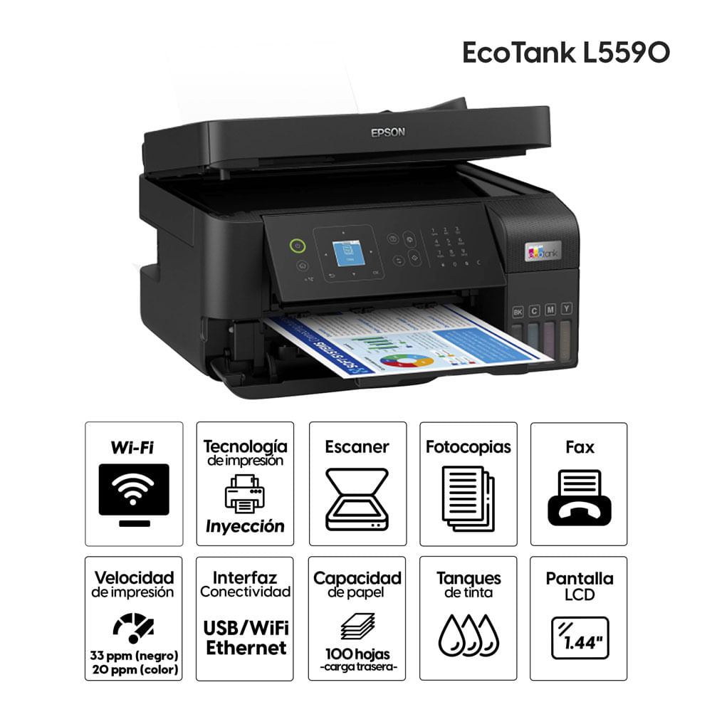 Imagen 2 del producto Impresora multifuncional Epson EcoTank L5590 Wi-fi/Ethernet, inalámbrica, inyección de tinta, con tanques recargables + 4 botellas de tinta