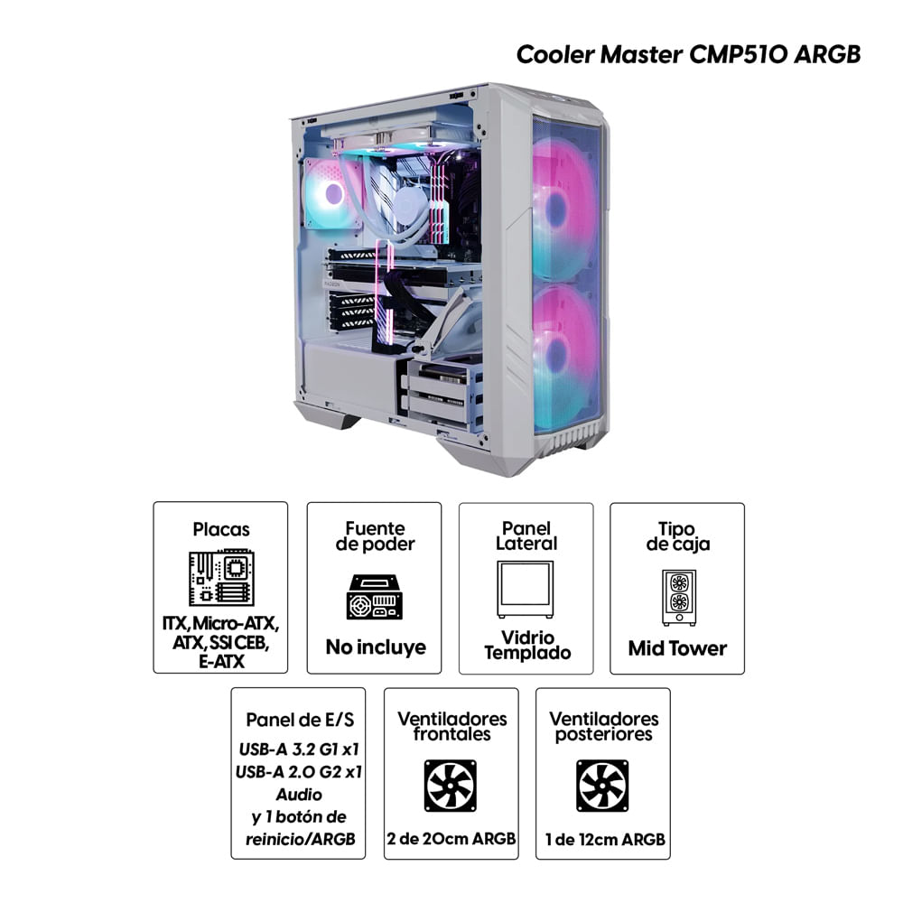 Imagen 2 del producto Gabinete Cooler Master HAF 500 ARGB, ITX / Micro ATX /ATX/SSI CEB/E-ATX, Panel lateral vidrio templado, sin fuente, blanco