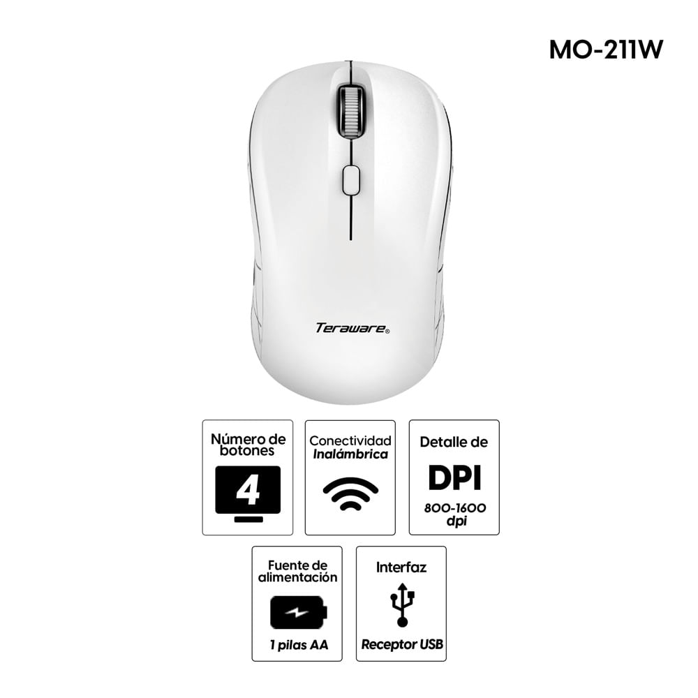 Imagen 2 del producto Mouse inalámbrico Coolbox Teraware MO-211W 1600 dpi, 4 botones, receptor usb, usa 1 pila AA, blanco