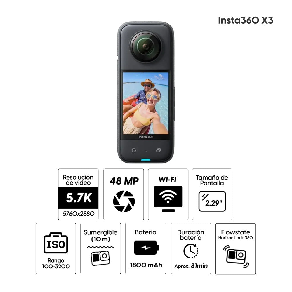 Imagen 2 del producto Cámara de acción Insta360 X3, 72MP,  captura de video 360 5.7K, 360°, negro