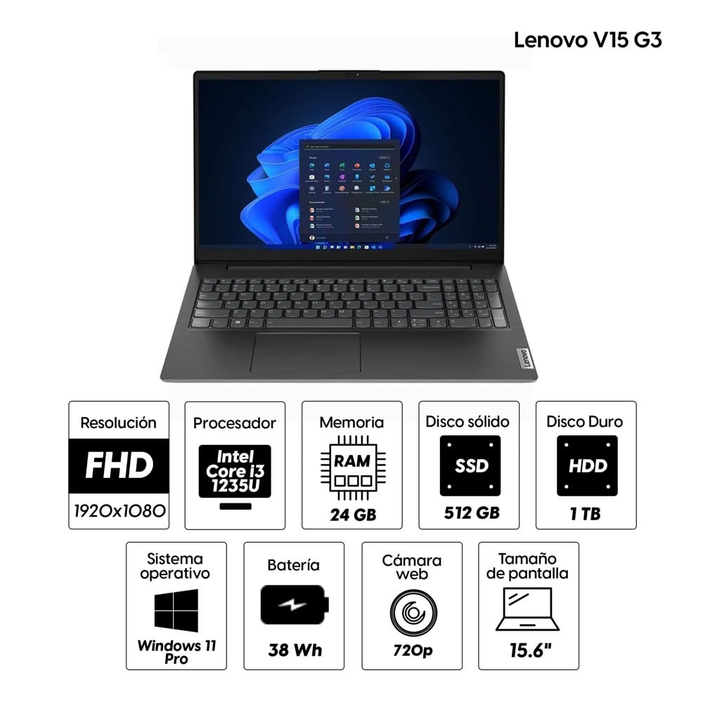 Imagen 2 del producto Laptop Lenovo V15 G3 IAP 15.6"" FHD, Intel Core i3-1235U, 512GB SSD + 1TB hdd, 24GB RAM, Win 11 Pro