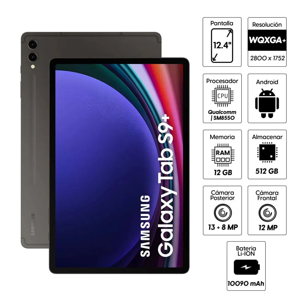 Imagen 2 del producto Tablet Samsung Galaxy Tab S9 Plus 12.4"" 512GB, 12GB RAM, cámara principal 13MP + 8MP y frontal 12MP, negro + Lapiz + Teclado