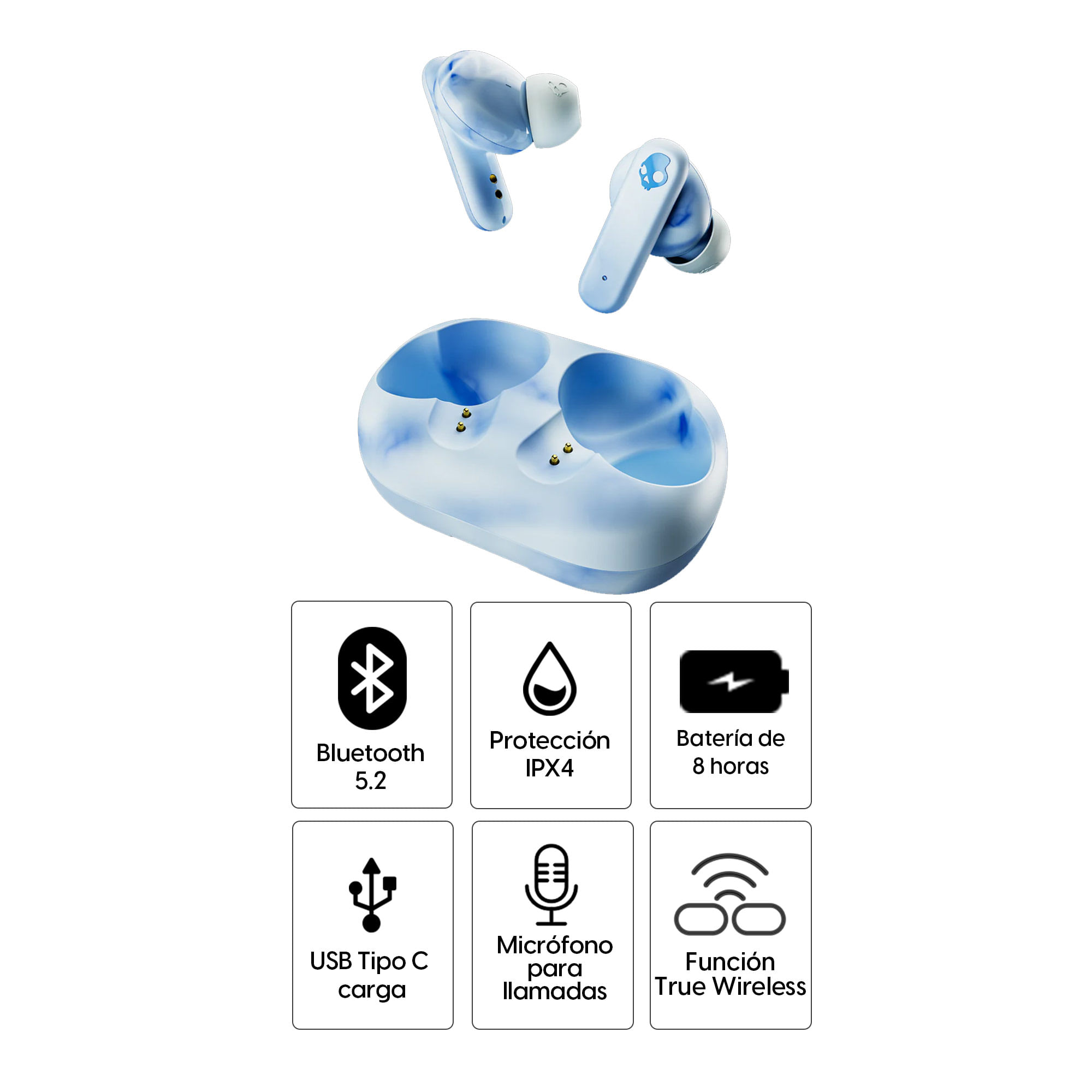 Imagen 2 del producto Audífonos bluetooth True Wireless Skullcandy Eco Buds, cancelación de ruido, resistente al agua IPX4, duración máx. 8 horas, estuche de carga blanco