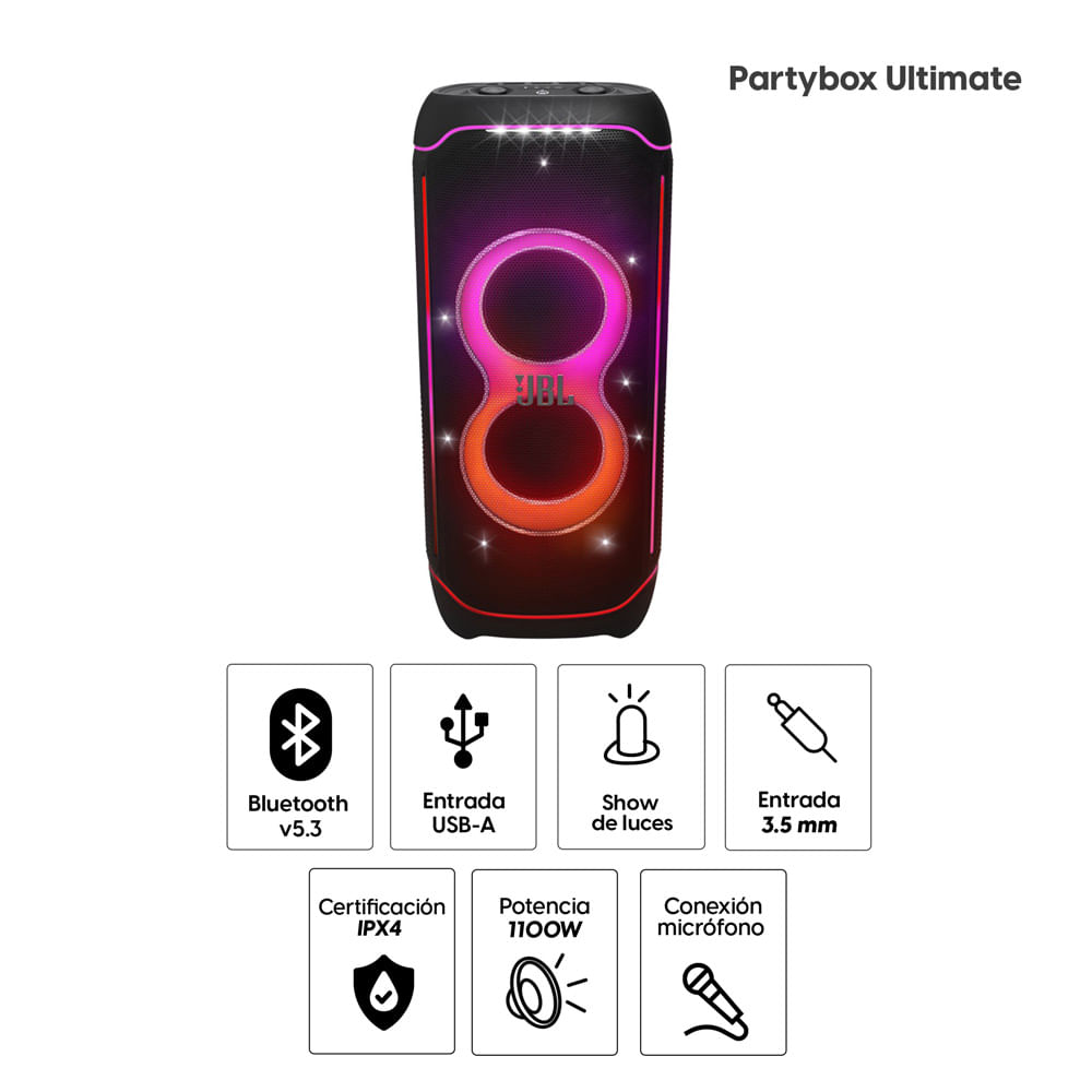 Imagen 2 del producto Parlante de torre bluetooth JBL Partybox Ultimate 1100W, Wi-Fi, luces dinámicas, negro