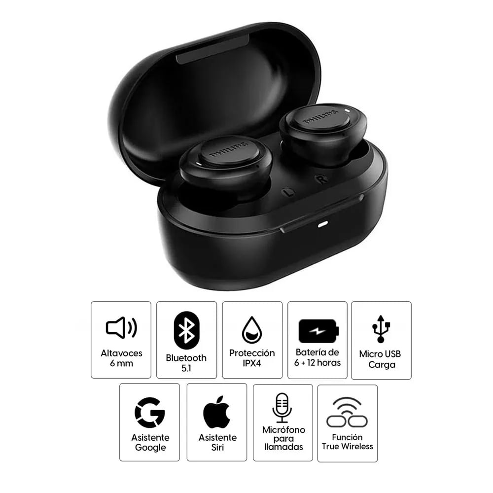 Imagen 2 del producto Reacondicionado: Audífonos bluetooth True Wireless Philips TAT1215BK resistente al agua IPX4, duración máx. 6 horas, negro