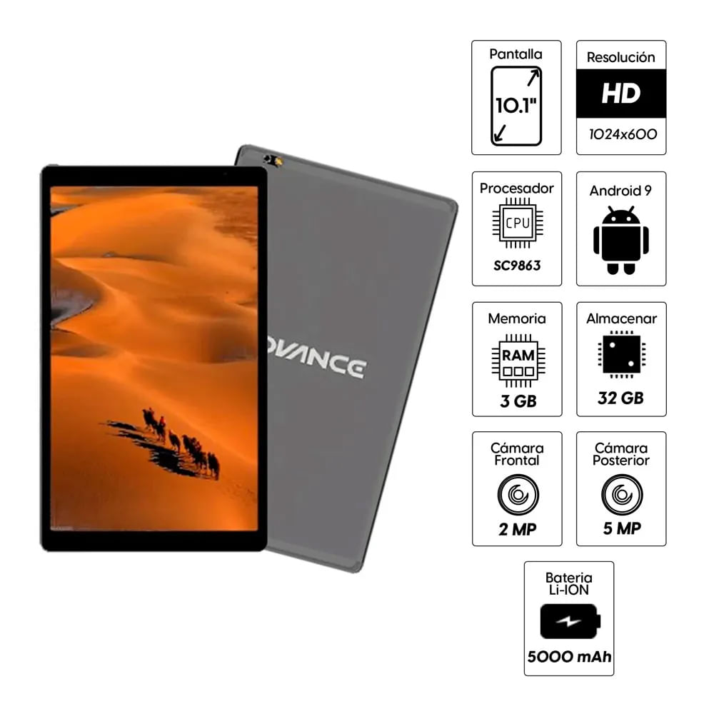 Imagen 2 del producto Reacondicionado: Tablet Advance SP4702 10.1"" 4G, 32GB, 3GB RAM, cámara principal 5MP y frontal 2MP, Android 9.0, gris