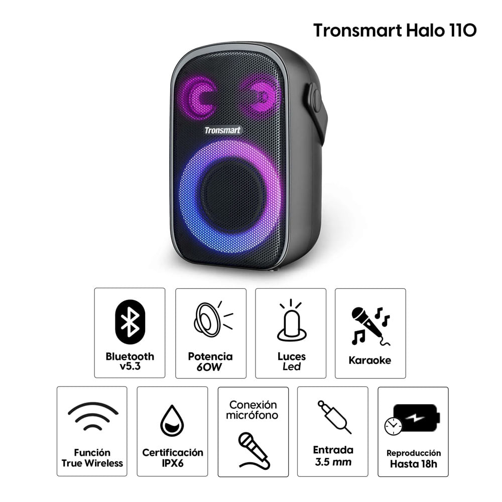 Imagen 2 del producto Parlante bluetooth Tronsmart Halo 110 60W, resistente al agua IPX6, hasta 18 horas de reproducción, luz led, función karaoke y guitarra, inc micrófono