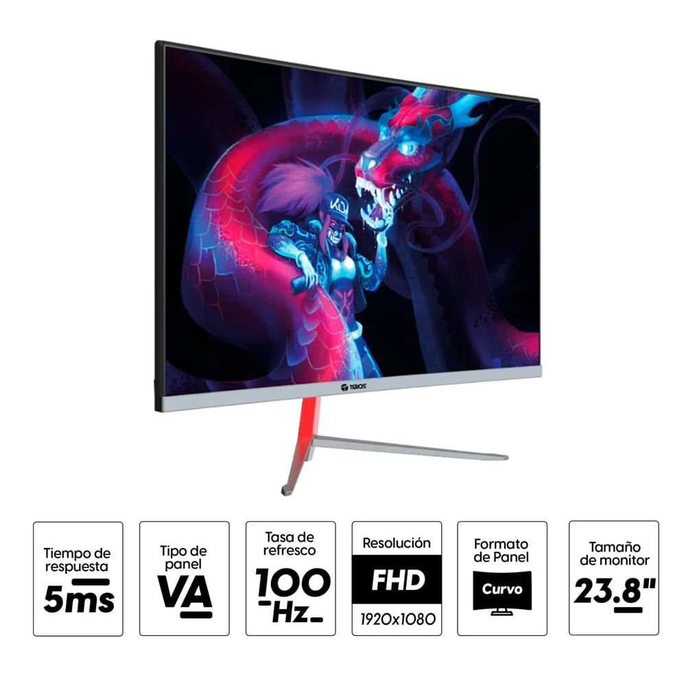 Imagen 2 del producto Monitor gamer curvo 23.8"" Teros TE-2401S Panel VA, FHD(1920x1080), 100Hz, 5ms, entradas HDMI/VGA, FreeSync