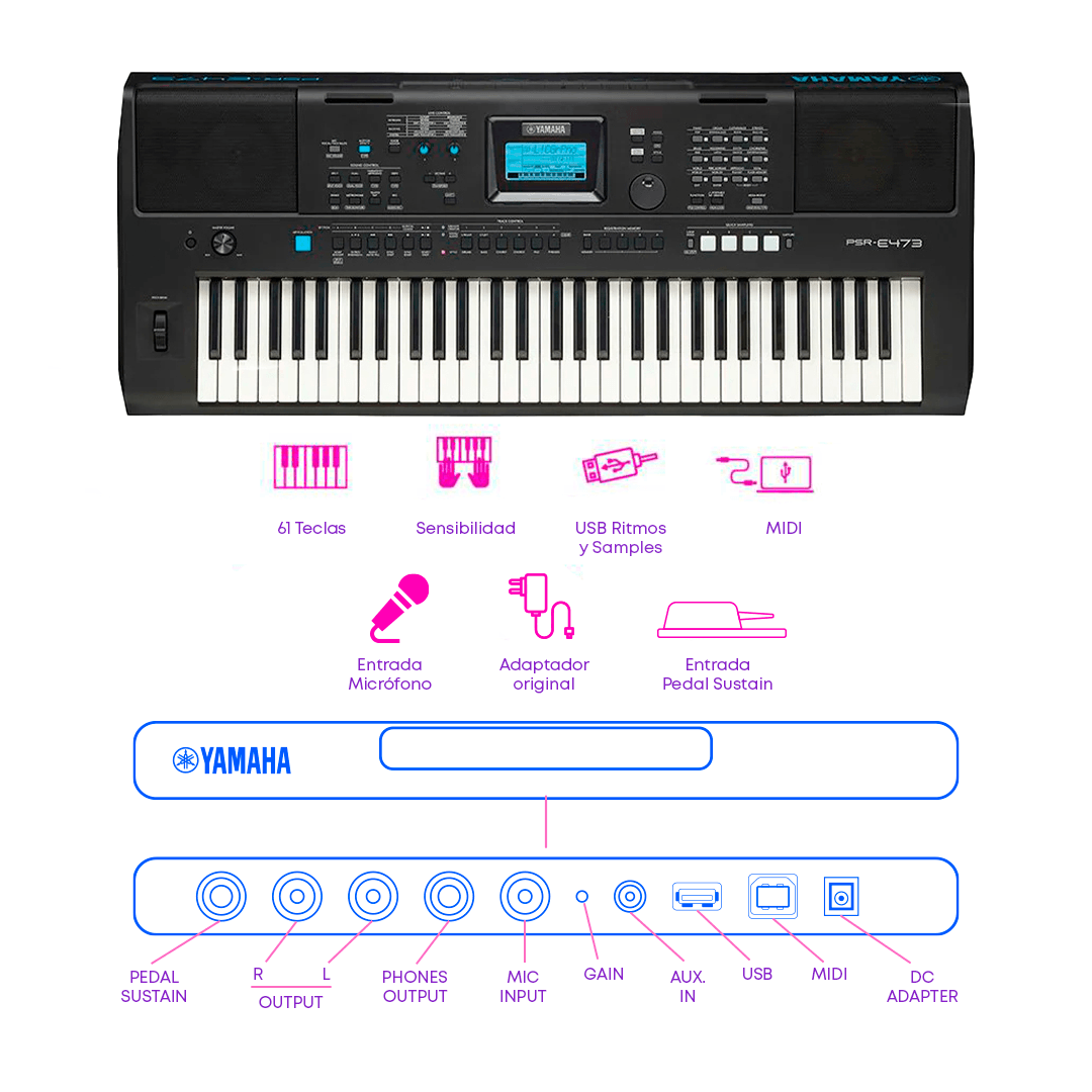 Imagen 2 del producto Teclado musical Yamaha PSR-E473 61 teclas, 820 voces, 64 polifonía, negro + Soporte X + Funda + Adaptador