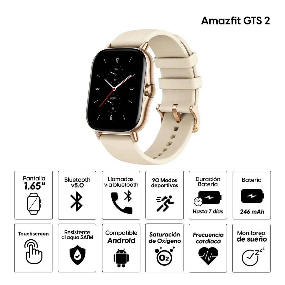 Imagen 2 del producto Reacondicionado: Smartwatch Amazfit GTS 2 pantalla amoled 1.65”, resistente al agua 5ATM, 90 modos deportivos, llamadas bluetooth, dorado