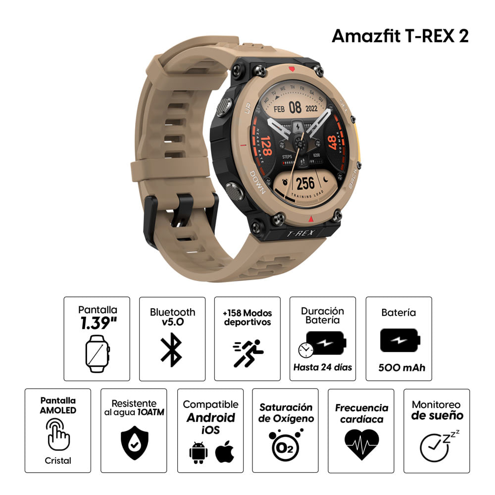 Imagen 2 del producto Smartwatch Amazfit T-REX 2 pantalla amoled 1.39”, resistente al agua 10ATM, batería hasta 24 días, 150 modos deportivos, desert kaqui
