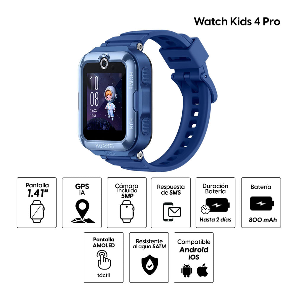 Imagen 2 del producto Smartwatch Huawei Watch Kids 4 Pro pantalla 41 mm/AMOLED 1.41"", GPS, resistente al agua 5ATM, batería hasta 2 días, llamadas 4G y video llamadas, azul