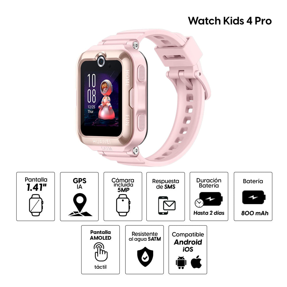 Imagen 2 del producto Smartwatch Huawei Watch Kids 4 Pro pantalla 41 mm/AMOLED 1.41"", GPS, resistente al agua 5ATM, batería hasta 2 días, llamadas y video llamadas, rosado