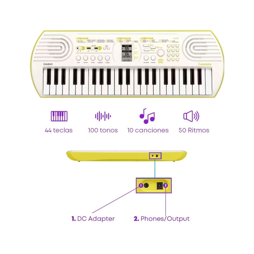 Imagen 2 del producto Teclado musical Cassio SA-80 44 teclas, 100 tonos, 50 ritmos, blanco + Funda