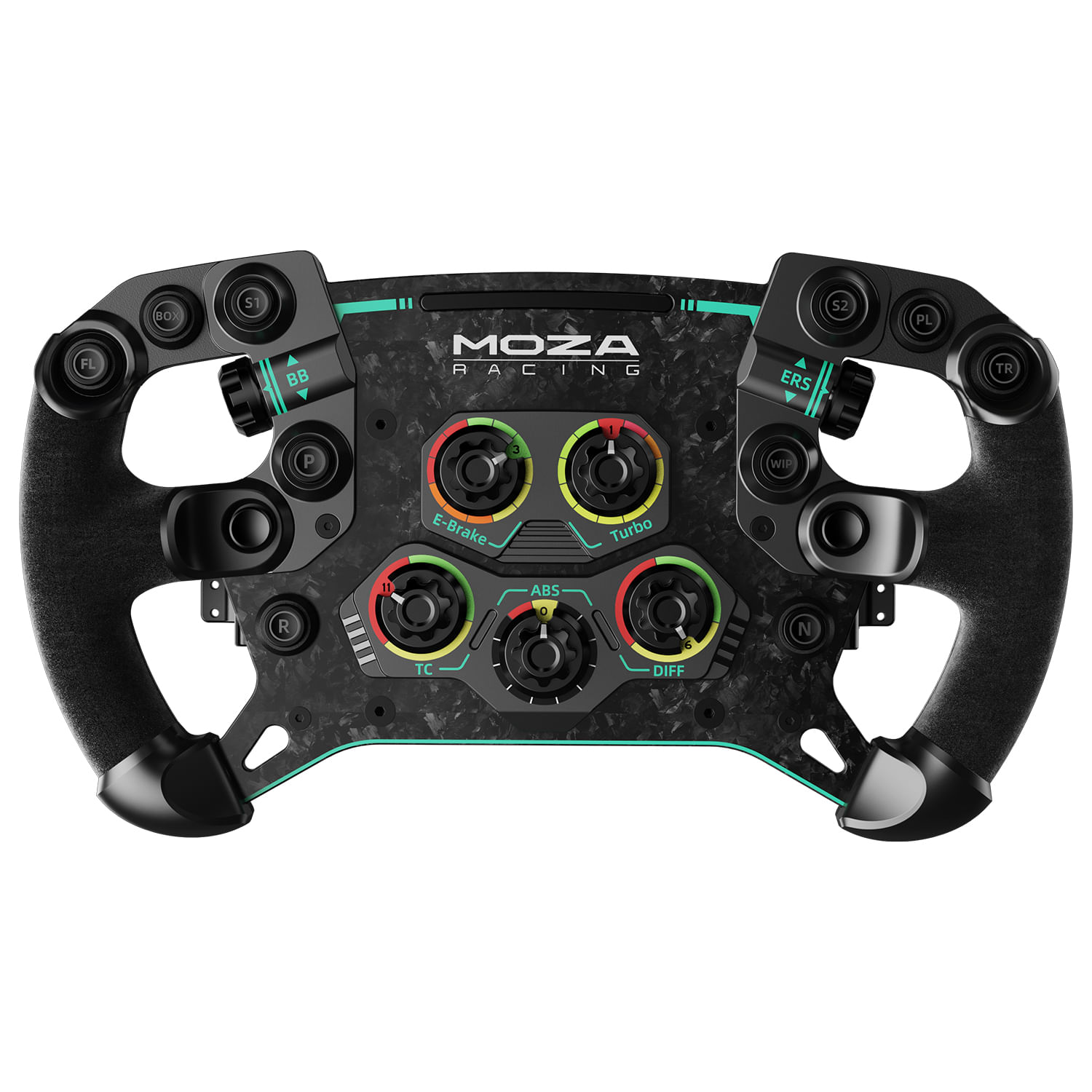 Volante Moza GS GT Wheel, 300 mm, fibra de carbono forjada, levas magnéticas, doble embrague y Alcantara italiano, negro