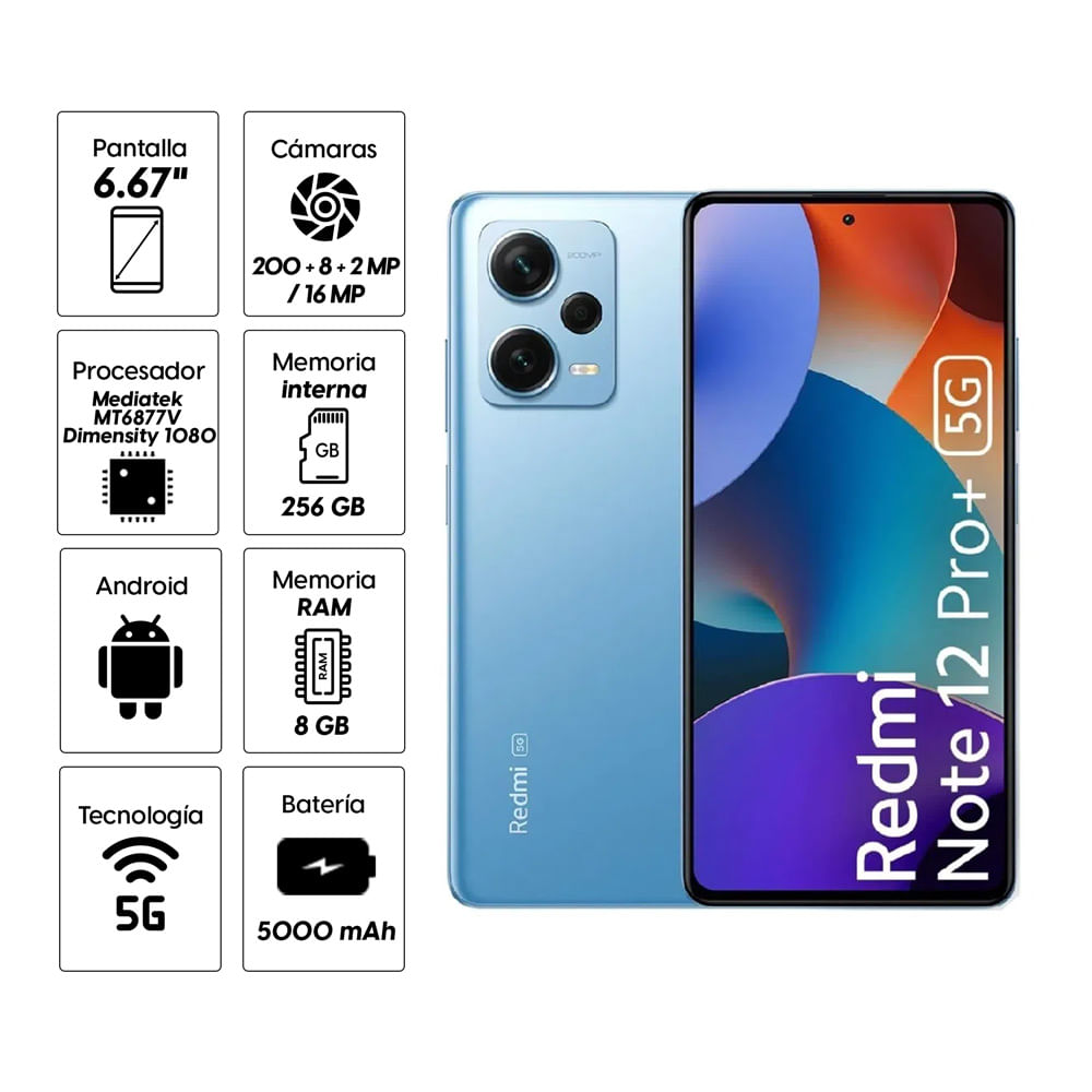 Imagen 2 del producto Reacondicionado: Celular Xiaomi Redmi Note 12 Pro+ 5G 256GB, 8GB RAM, cámara trasera 200 y frontal 16MP, 6.67"", azul cielo